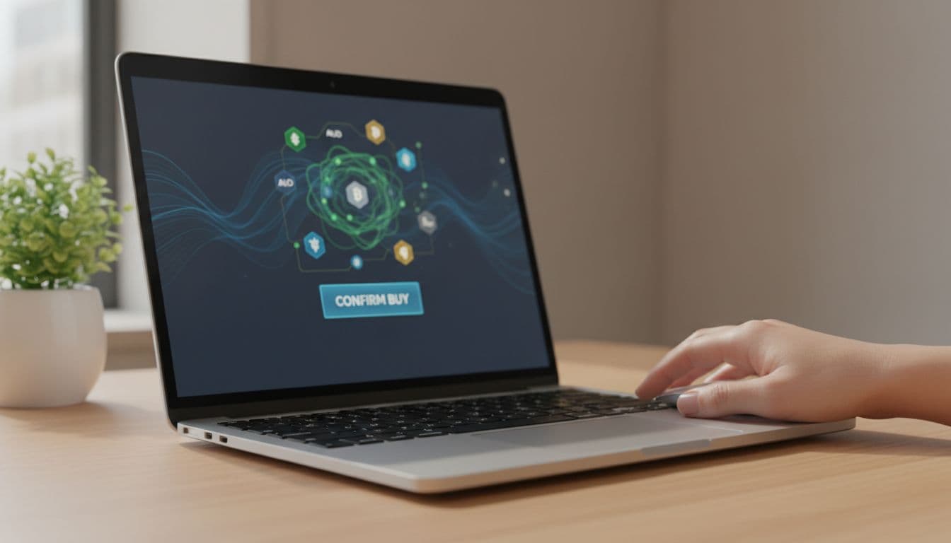 Hand clicking buy button for AUD to crypto conversion